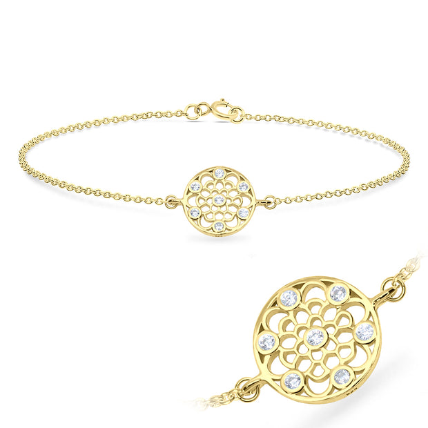 CZ Mandala Flower Filigree Disc Silver Bracelet BRS-618