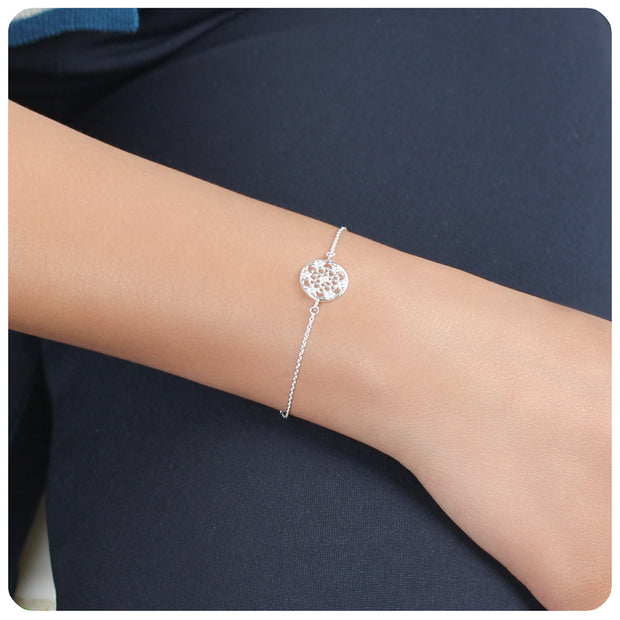 CZ Mandala Flower Filigree Disc Silver Bracelet BRS-618