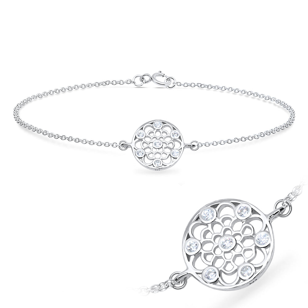 CZ Mandala Flower Filigree Disc Silver Bracelet BRS-618
