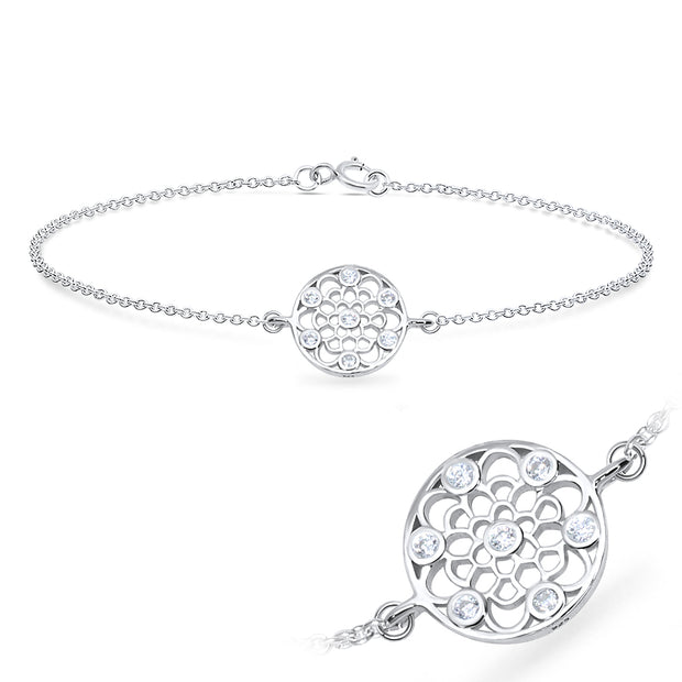 CZ Mandala Flower Filigree Disc Silver Bracelet BRS-618