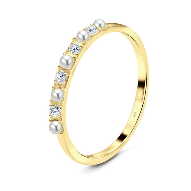 White Pearls and Crystal Silver Ring NSR-2894