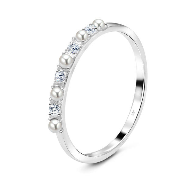 White Pearls and Crystal Silver Ring NSR-2894